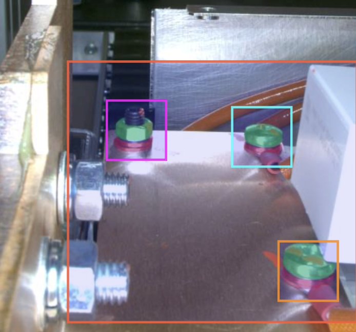Detection view during power-module assembly — screws, nuts and washers segmented and verified